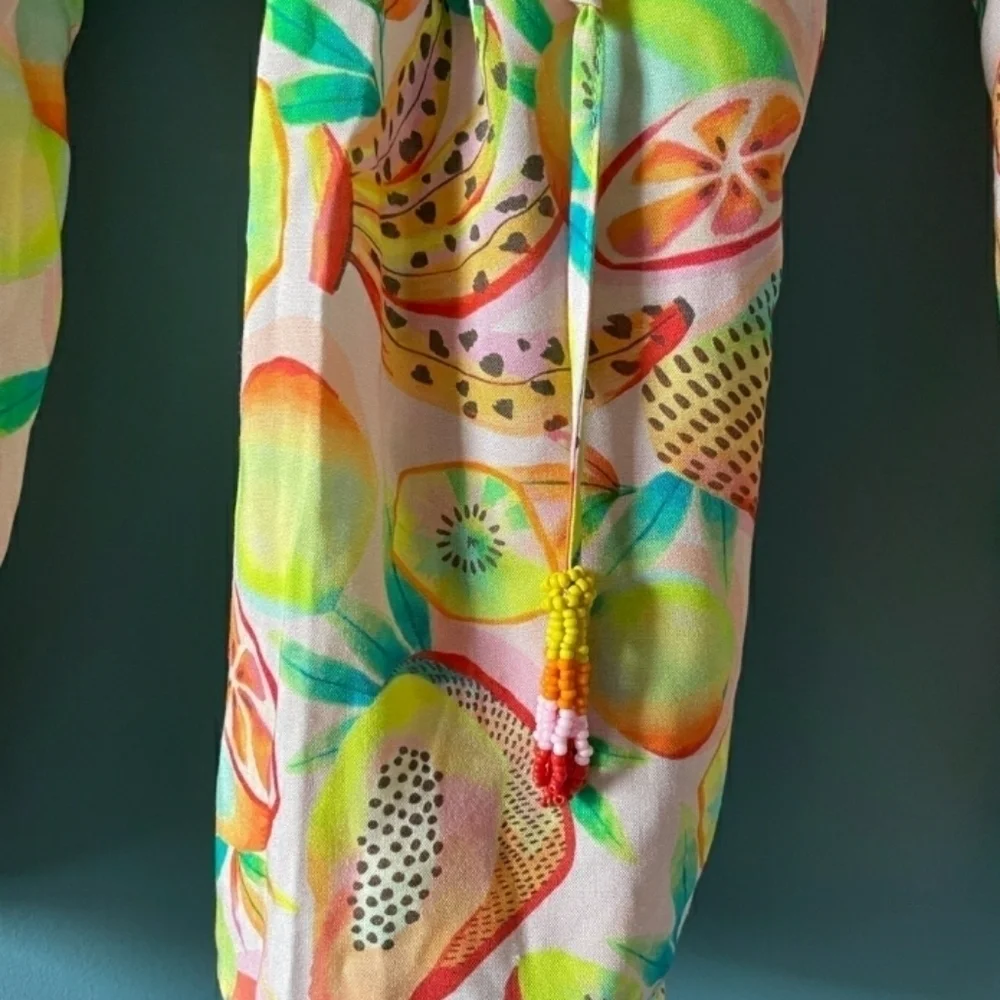 Anthropologie Farm Rio Tropical Fruit Print Beaded Wrap Top Small - Picture 6 of 14